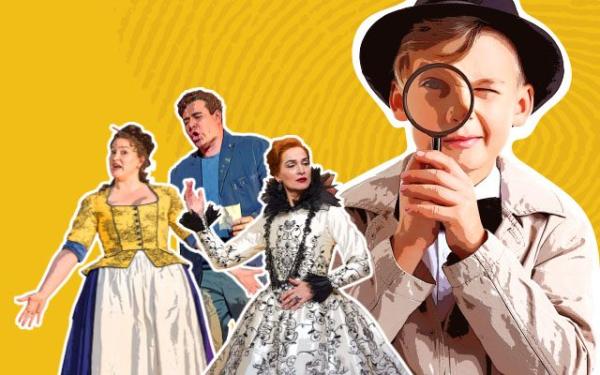 A young detective wearing a hat and raincoat holds a magnifying glass to his eye next to famous opera characters