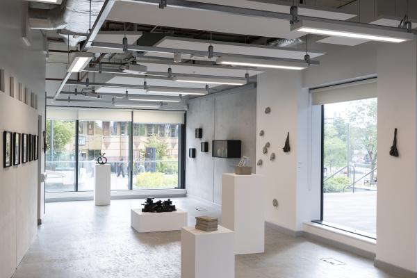 Installation image of Mia Mai Symonds' exhibition 'A Life if its Own' at BLANK_ gallery, Leeds. The photo shows small sculptural works both on walls and plinths with materials including, charred wood, bronze casts, framed images, ceramics and concrete.
