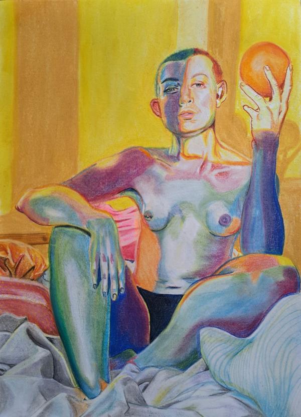 An illustration of a semi-nude person with a buzzcut holding an orange