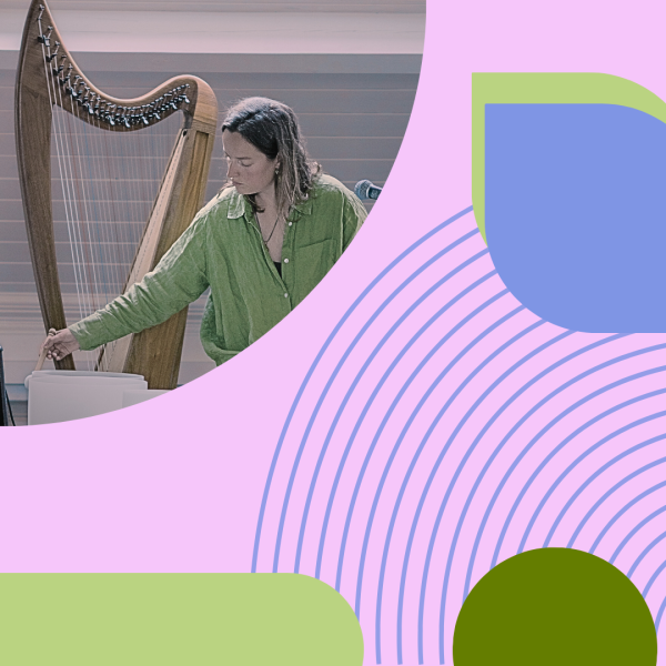 HARPIST WITH HARP SHAPES IN GREEN AND PINK