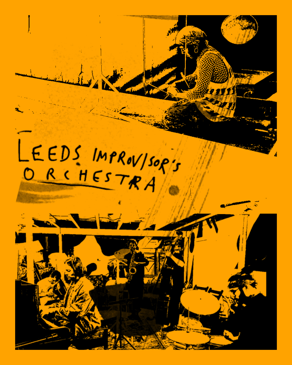 Flyer poster for Leeds Improver's Orchestra. Made of photos taken of them rehearsing, edited to be made of 2 colours