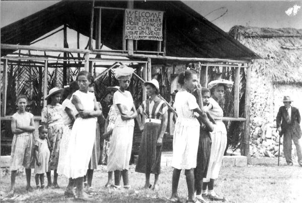 Black and white photograph from chapel stone-laying event