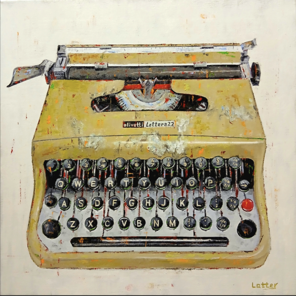 one of the paintings on show at Upco, the image is of a yellow vintage typewriter.
