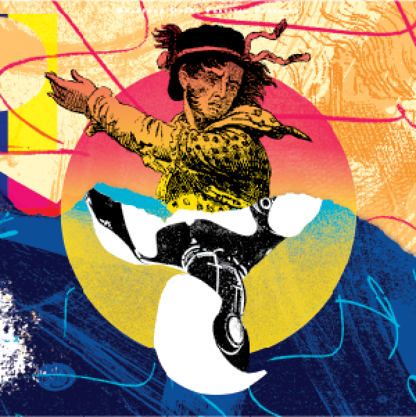 Illustrated image of a woman mixed with the sun and the sea