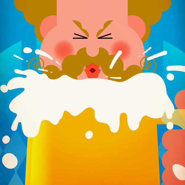 Illustration of a man blowing on a big beer