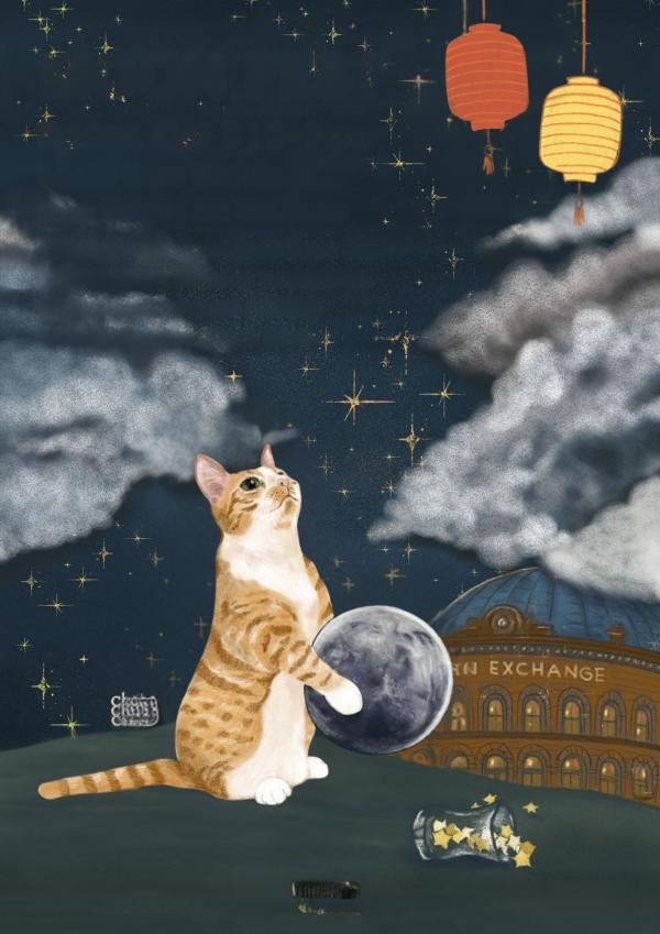 “Illustration of a cat holding the moon with lanterns and Leeds Corn Exchange at night