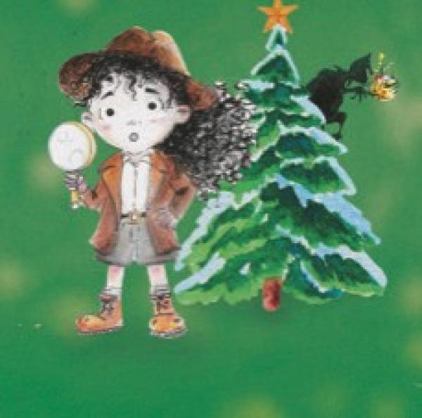 a cartoon of a child with a magnifying glass, a christmas tree and another character sneaking away.