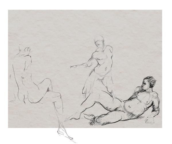 Life drawing sketch of three nude models in varied poses, created during a Northlight Arts Centre class in Leeds