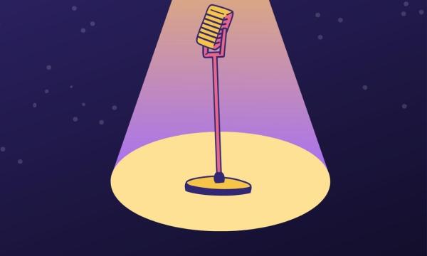 poster image of a mic and mic stand standing alone in a dark background, with only a long spotlight right above the mic and stand, showing it.