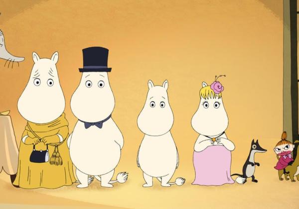 Moomin family standing in a line with Little My against a yellow background.