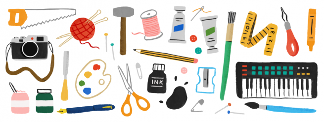 an illustration in colour of workshop tools and equipment