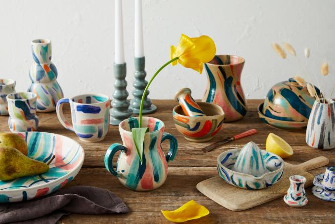 CloD Studio ceramics by Poppy Davis full of mark-making, colour and pattern for the Spring season.