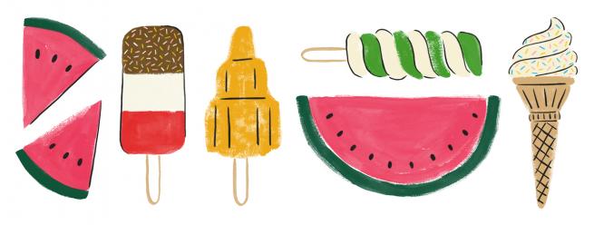 illustration of ice cream, lollies and melon