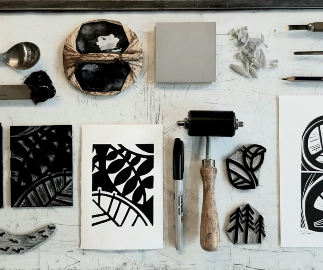 lino print tools and prints