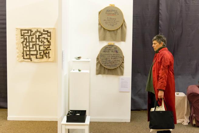 Shoddy exhibition, 2016, showing Maze of Life by Vickie Orton and Shoddy Samplers by Faye Waple. Photo: Mat Dale.