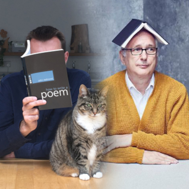 Brian Bilston is holding a book of poetry in front of his face while his cat stares at the camera. Henry Normal has a book on top of his head while looking off to the side.