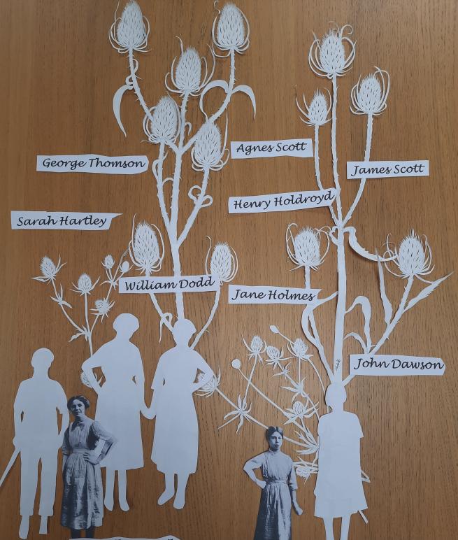 An intricate cut-paper stencil. Spiky teasels appear to grow from silhouettes and old photos of people, with names next to the branching stems
