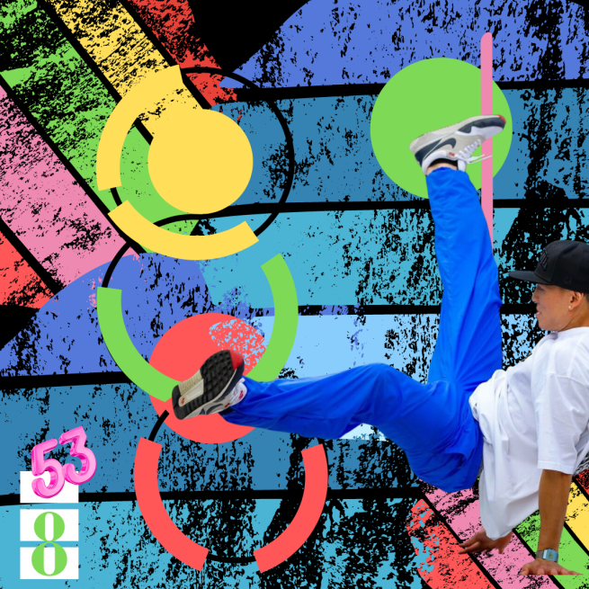 A colourful retro notebook cover holds an image of a breakdancer in the frame, mid-move.