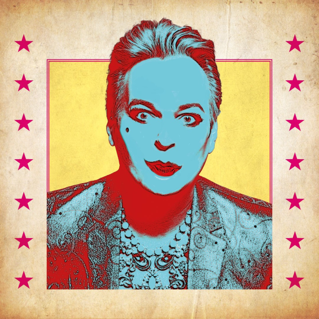 Julian Clary is on a Western Wanted poster. Either side of the image is lined with red stars.