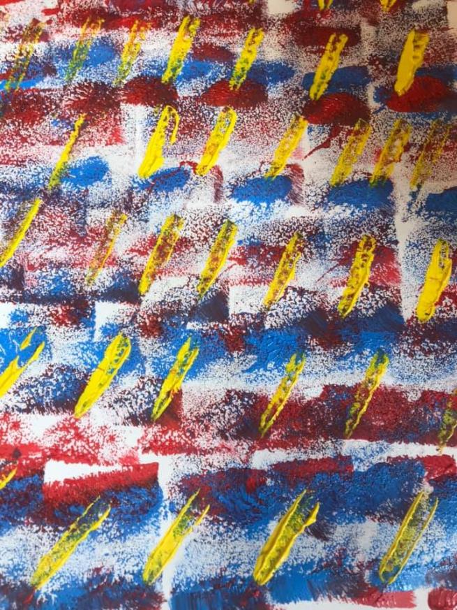 Blue, red and yellow abstract painting.