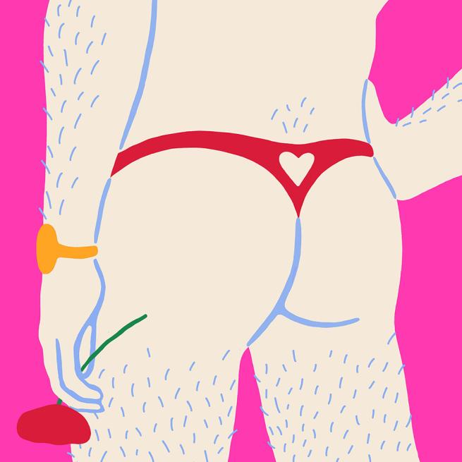 An illustrated bum faces away from the camera wearing a red thong perforated with a heart-shape at the tip of the cleftal horizon. 