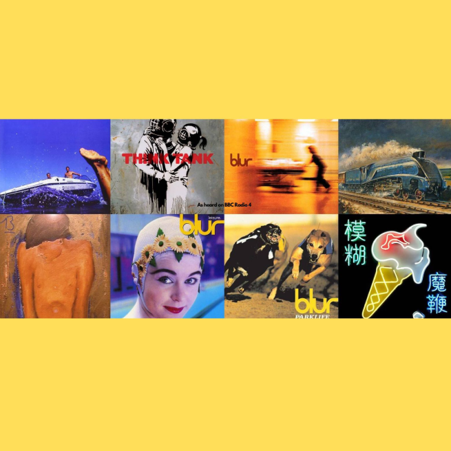 Yellow backdrop with a collage of Blur Albums
