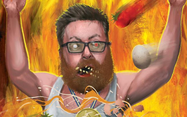 Frankie Boyle crossing a finishing line with a 'loser' medal and being pelted by eggs and tomatoes.