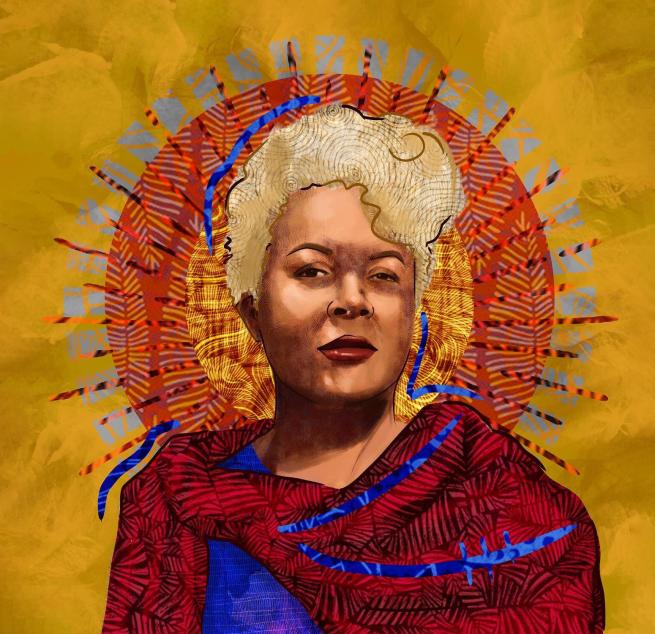 Digital artwork of a black woman with blond hair wearing a red scarf.