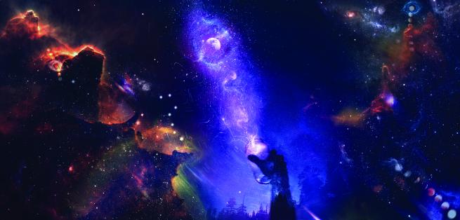 A star filled skyscape with a hand holding a jar in the air. The jar is releasing light into the sky.