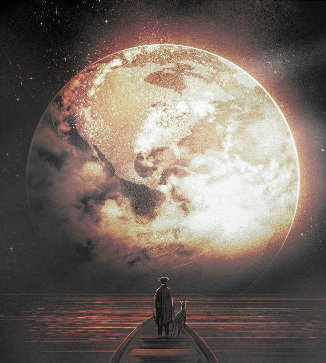 A single man and his dog facing the moon