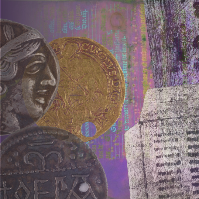Roman coins and black and white printed fragments overlaid on a purple background with blue, green and yellow medieval writing