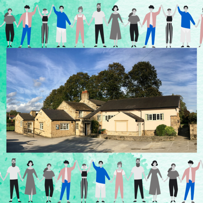 A central image of Collingham memorial hall with trees and sky in the background, and above and below a digital image of a group of people holding hands
