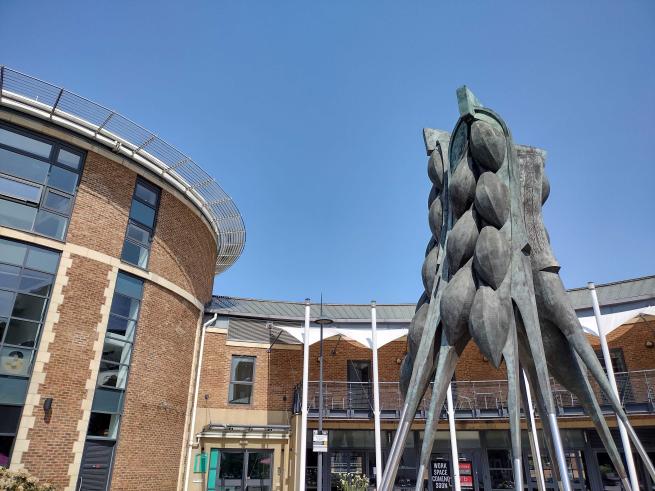Image of a sculpture depicting an ear of barley, on a backdrop of blue sky and surrounded by buildings that make up the centre of Brewery Wharf in Leeds.