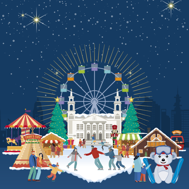 "An illustration depicting an open-air ice rink surrounded by charming Bavarian-style market stalls, accompanied by a towering Ferris wheel, with Leeds Civic Hall in the background