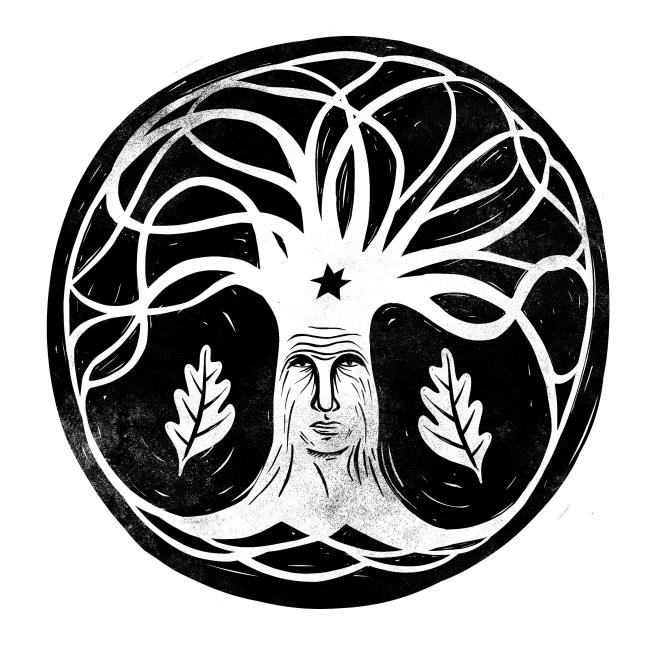 A lino printed tree with a face by Megan Dobbyn