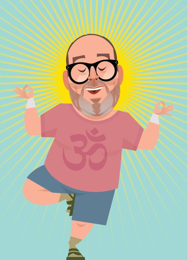 Cartoon drawing of a middle-aged white man standing in the 'Tree' yoga pose. He has a greying beard and moustache and wears round spectacles. His brown hair is short and the sun is shining behind him. His eyes are closed and he looks peaceful.