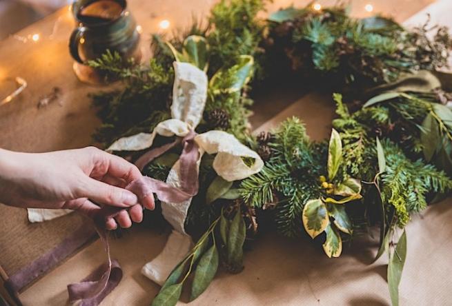 Christmas Wreath and Hand Dyed Silk Ribbon