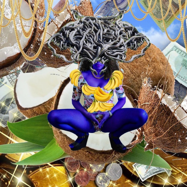 A heavily layered and manipulated image of a woman, coloured purple, in a floral dress layered with bananas and a pile of snakes on her head, crouching in front of layered coconuts, gold chains, coins, banknotes, and a blue sky."