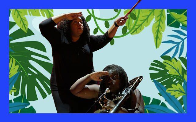 Two women - one holding a baton and the other a trombone - imposed on a cartoon forest scene.