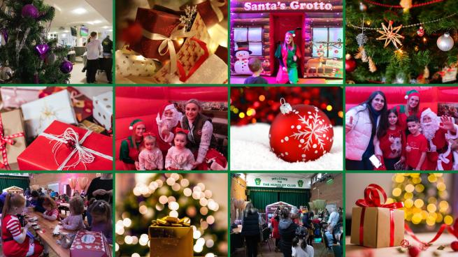A collection of 12 Christmas Images. Top left features a Christmas tree, the next a collection of gifts, the next a young lady dressed as an elf outside Santa's Grotto, another decorated Christmas tree.