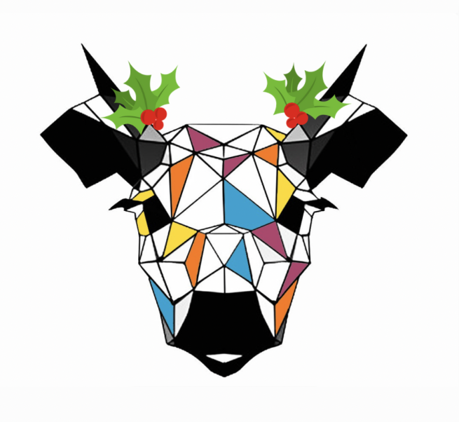Multicoloured cow with holly on ears.
