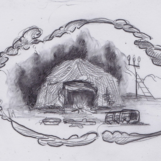 Black and white drawing of a tent and campfire with a leafy border