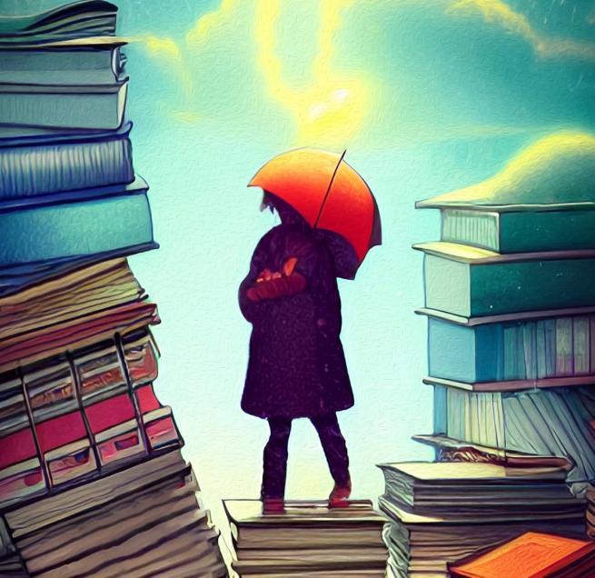 A child holding an umbrella stands on a pile of books staring into foreboding sky