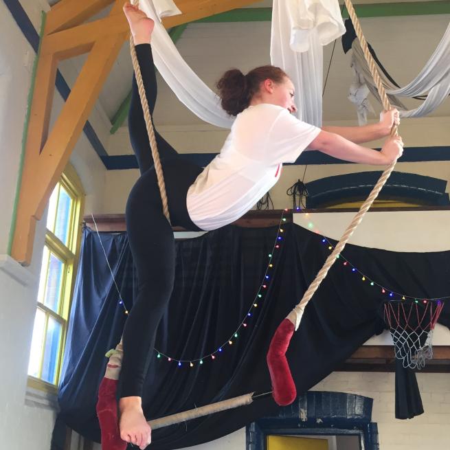 A participant enjoying an adult Aerial class on a trapeze