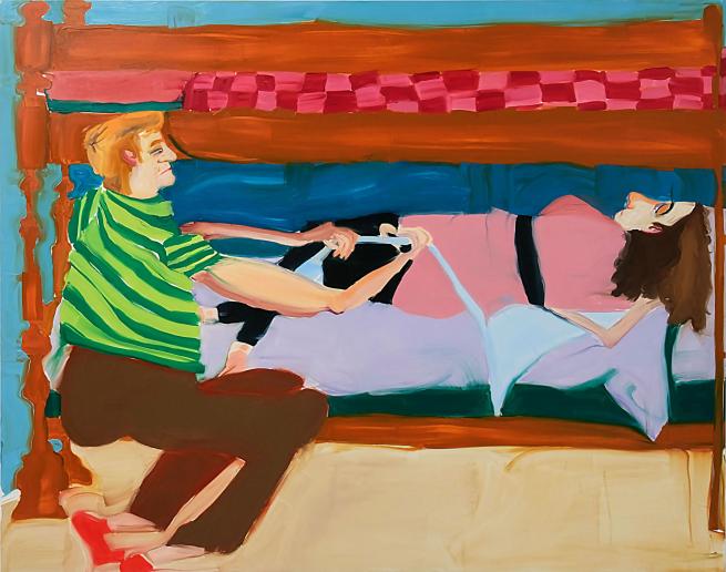 Brightly coloured painting of a person lying on the bottom bunk. A person with ginger hair attempts to pull something from underneath them.