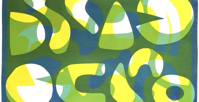 An image of a screen print with green and yellow layers of different soft edged shapes