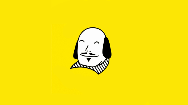 A black and white drawing of Shakespeare looking very smiley and happy on a bright yellow background
