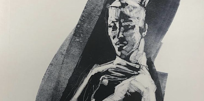 An image of a monoprint of a figure and face in black and white