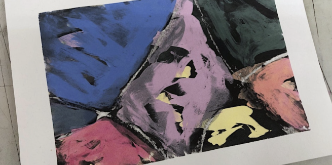 An image of a screen print with different colours, printed using mono-screen printing techniques.