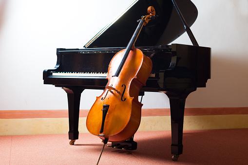 Cello leaning against grand piano.